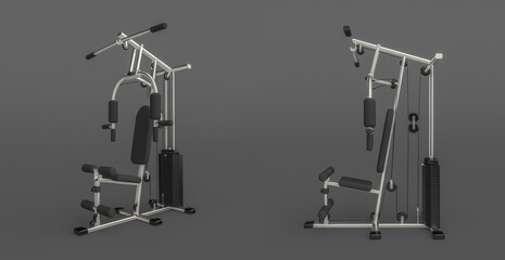 3d render illustration of 
multifunctional weight training machine. Modern trendy design. White and black colors.