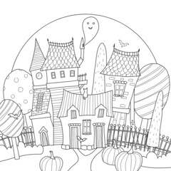 Old victorian house with cats, ghost, pumpkin, trees, moon and bat. Hand drawn coloring page.