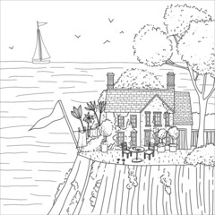 Cute house with flowers and trees near the sea or ocean with yacht. Hand drawn coloring page.