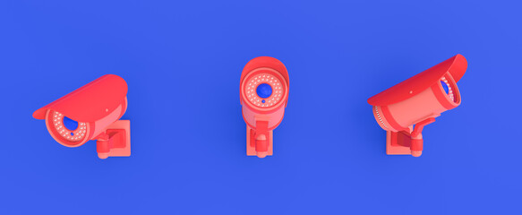3d render illustration of outdoor video surveillance camera. Modern trendy design. Blue and red colors.
