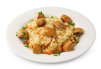 Plate with rice and meat on white background