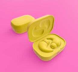 3d render illustration of 
wireless earbuds with case. Modern trendy design. Pink and yellow colors.