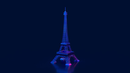 3d render Eiffel Tower in cyberpunk style on a dark blue shiny background