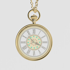 3d render illustration of vintage watch on a chain. Vintage, retro accessory. Blue background.