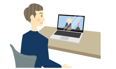 オンライン入社式に出席する男性