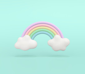 3d render illustration of rainbow with clouds. Cartoon style. Pastel colors. Modern trendy design.