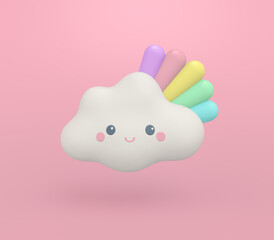 3d render illustration of cute cloud with face and rainbow.  Cartoon style. Pastel colors. Modern trendy design.