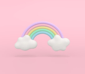 3d render illustration of rainbow with clouds. Cartoon style. Pastel colors. Modern trendy design.