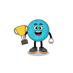 Cartoon mascot of yarn ball holding a trophy