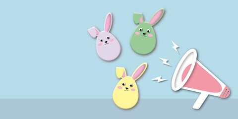 Colourful rabbits like egg shape with pink megaphone on pastel blue wall background. Holiday illustration for greeting card of Happy Easter’s Day. space for the text. 3d paper cut design style.