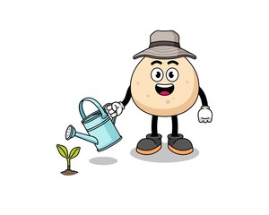 Illustration of meat bun cartoon watering the plant