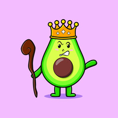 Cute cartoon avocado mascot as wise king with golden crown and wooden stick