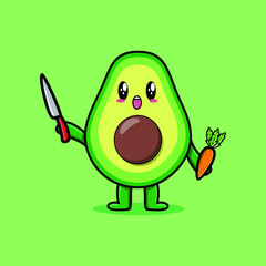 Cute cartoon avocado character holding knife and carrot in modern style design 