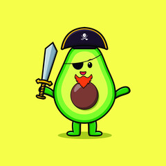 Cute cartoon mascot character avocado pirate with hat and holding sword in modern design