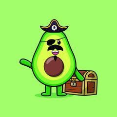 Cute cartoon character Avocado pirate with treasure box in modern style design