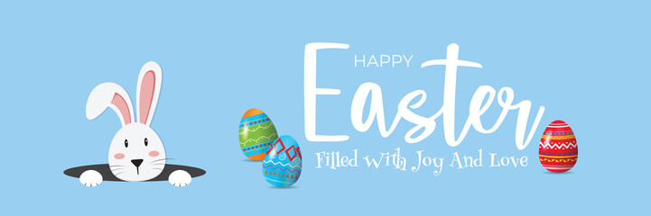 White easter rabbit. Easter Bunny Hare head And Egg. Icon vector character, isolated on sky blue color background.