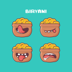 Biryani rice cartoon. indian food vector illustration. with different mouth expressions