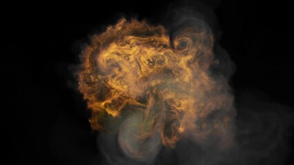 Fire swirls of brown color and gray smoke are concentrated in the center of the black screen. Firestorm.