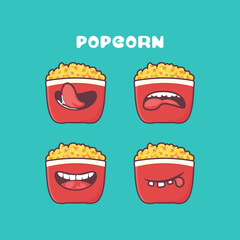 popcorn cartoon. fast food illustration. with different mouth expressions