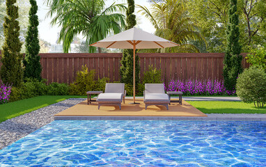 3d render backyard pool and garden