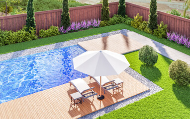 3d render backyard pool and garden