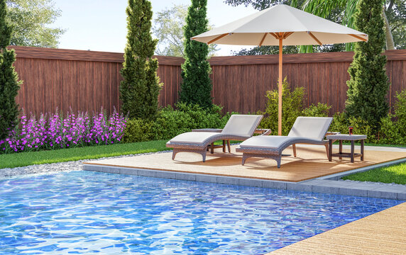 3d render backyard pool and garden