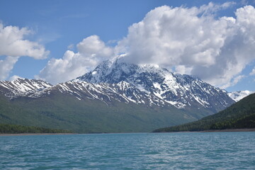 Fototapeta na wymiar Spring lake and snow capped mountain