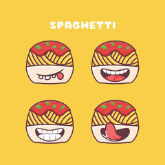 spaghetti cartoon. italian pasta vector illustration. with different mouth expressions