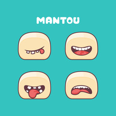 mantou cartoon. chinese steamed buns vector illustration. with different mouth expressions