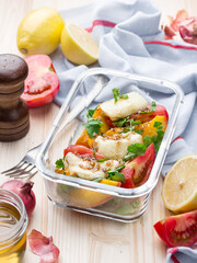 Fresh salad with mozzarella cheese, tomato and  peaches