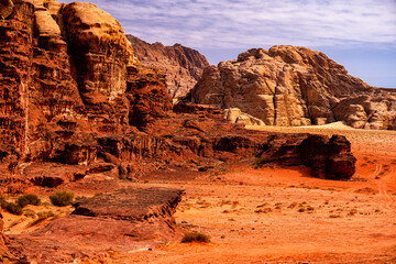 Extraordinary mountain desert landscape, Wadi Rum Protected Area, Jordan.
