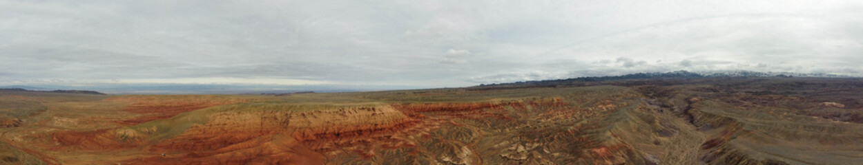Kazakhstan, Boguty, top view, panorama, martian landscape, red mountains