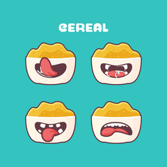 cereal cartoon. breakfast vector illustration. with different mouth expressions