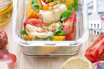 Fresh salad with mozzarella cheese and  peaches