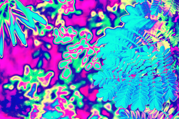Fototapeta na wymiar Neon pink, purple, green colored tropical leaves background texture. Futuristic surreal solarized Vaporwave plants pattern. Abstract pixelated art. Night club jungle psychedelic summer party flyer