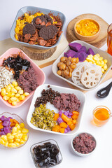 Fresh, wholesome desserts are useful, laid out on a white background.