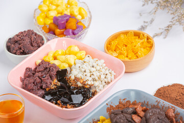 Fresh, wholesome desserts are useful, laid out on a white background.