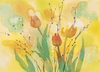 A sketch of tulips on yellow watercolor background
