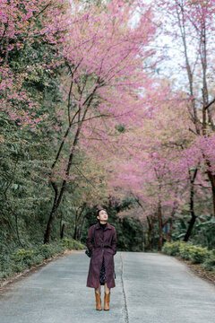 girl with bright pink cherry blossoms in winter