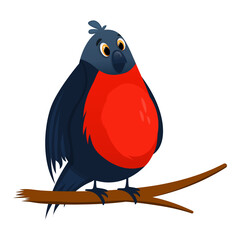Fototapeta premium Red bullfinch cartoon bird isolated. Tree branches with birds. Bright winter bullfinches in sitting. Winter bird character. Cartoon vector illustration.