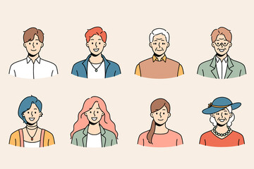 Set of diverse people of different ages and genders profile pictures. Collection of smiling young and old men and women avatar portraits and faces. Generation and diversity. Vector illustration. 