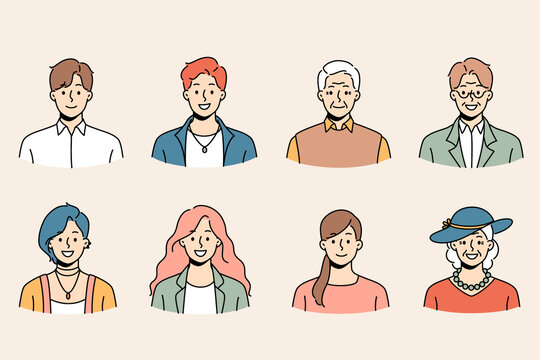 Set of diverse people of different ages and genders profile pictures. Collection of smiling young and old men and women avatar portraits and faces. Generation and diversity. Vector illustration. 