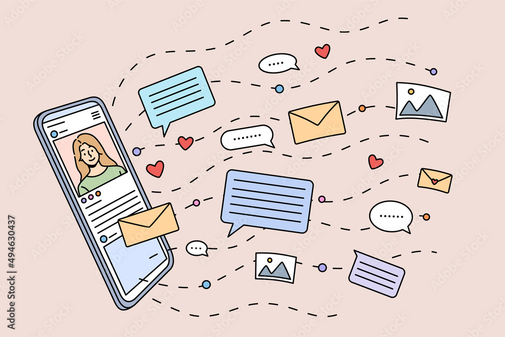Poster online communication and chatting on modern cellphone device. social media notifications and email o
