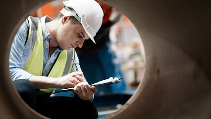 Close up of Caucasian male foreman engineer holding and writing paper chart checking quality...