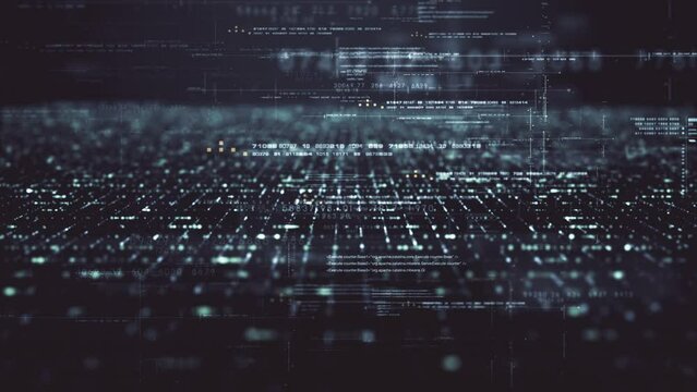 Futuristic artificial neural networks simulation, artificial intelligence deep learning performing analytic computational head up display loop background