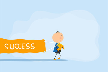 Successful businessman in stickman shape running carrying success banner and victory trophy. The path to achieving business strategy targets, goals, career development and planning concept