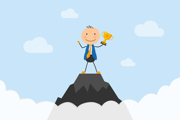 Successful businessman with stickman shape standing on a top of mountain and holding up winning trophy. Path to the  business strategy target achievement, goal, career development and planning concept
