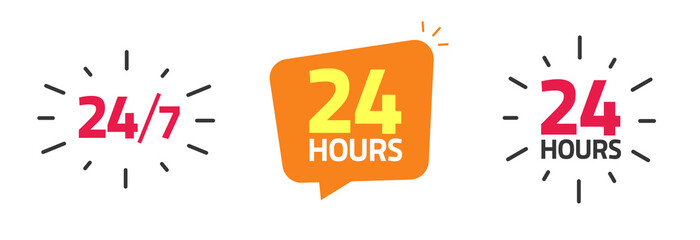 24 by 7 hour open work time service icon vector or 24h hrs a day clock logo as emergency or delivery support assistance pictogram