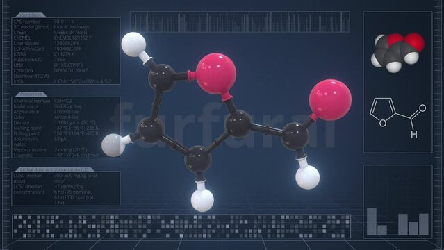Furfural molecule with description on the computer screen, loopable 3d animation