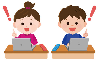 エドテック　ノートパソコンを使った授業を受ける男の子と女の子1 イラスト